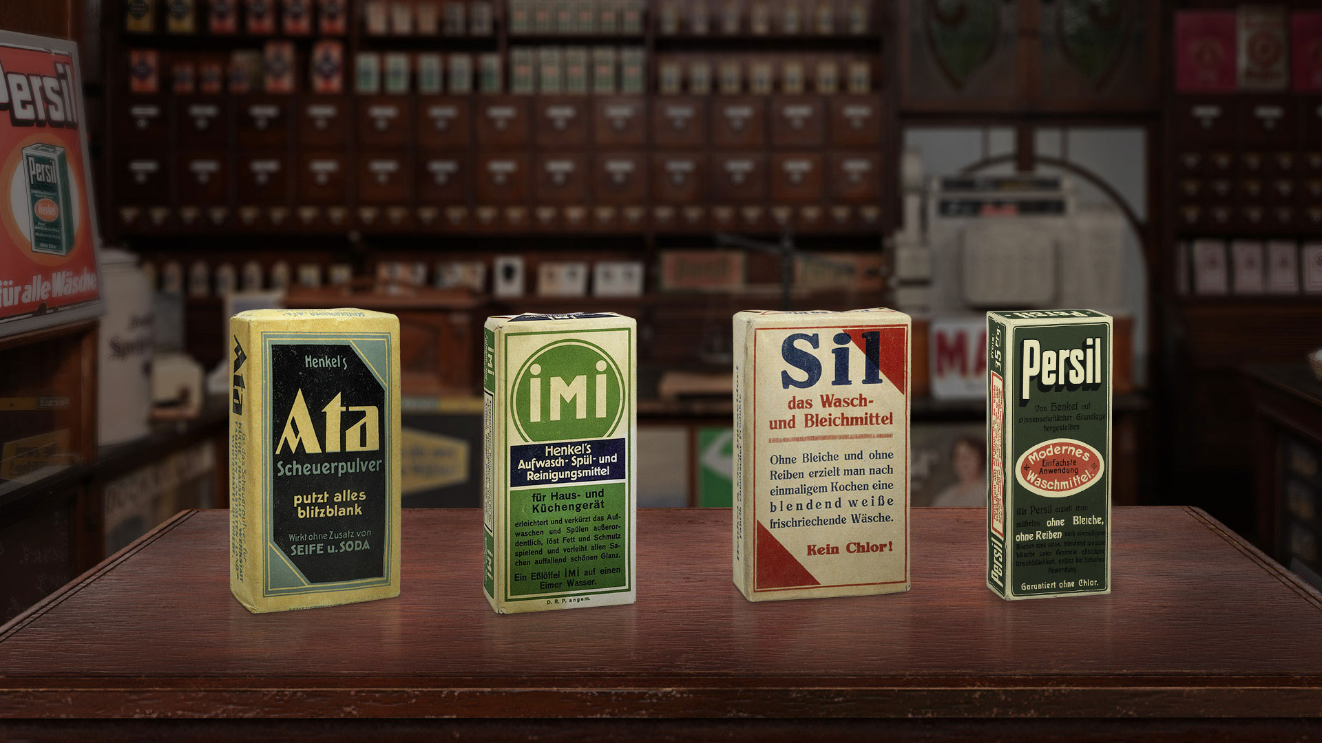 Produktpackungen der Markenprodukte Ata, Imi, Sil & Persil